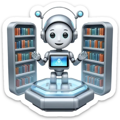 “A futuristic library floating in the clouds, filled with glowing books and holographic screens, with a friendly robot librarian.” sticker
