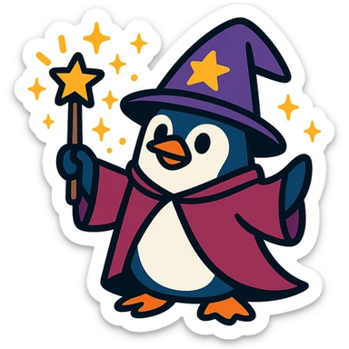 vibrant toon style penguin wizard with sparkles and magical effects sticker