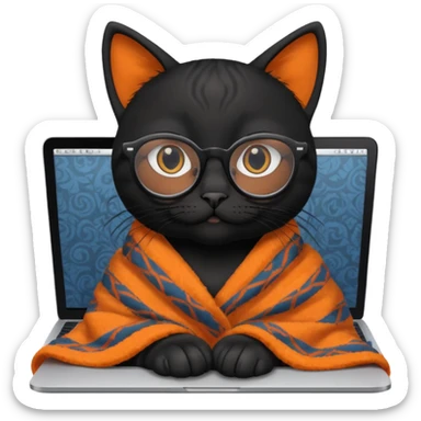 A black female cat working on a MacBook, with long, black straight lashes, round glasses and she wears a blanket with an orange pattern sticker