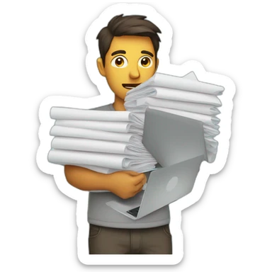 developer in despair holding stacks of paper and a laptop sticker