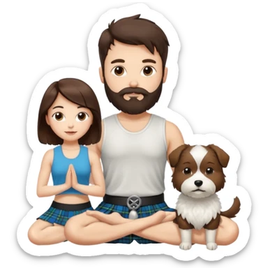 emoji of brunette man with beard wearing kilt, brunette woman in yoga outfit and one white fluffy dog sticker