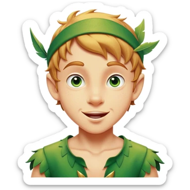 Cinematic Realistic Peter Pan Portrait, head tilted dramatically with an exaggeratedly amused expression, featuring sparkling eyes filled with playful mischief. His iconic outfit is rendered in vivid detail with dynamic shadows, capturing the delightful interplay of bravery and whimsy that defines his timeless character. sticker
