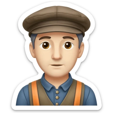 Highly detailed 19th century English factory worker with weathered face, detailed period-accurate clothing, flat cap, and realistic facial features sticker