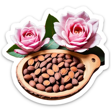 Una miniatura fotorrealista de un trozo de manteca de cacao pura y una pequeña rosa seca sobre una superficie de madera rústica y cálida. La luz debe resaltar la textura de la manteca. Colores: tonos tierra, marrón, terracota y rosa suave. Estilo: plano y orgánico sticker