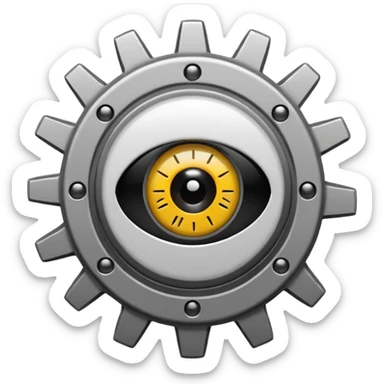 Minimalist emoji-style sticker of a mechanical gear with a realistic eye in the center. Flat graphic icon in grayscale. sticker