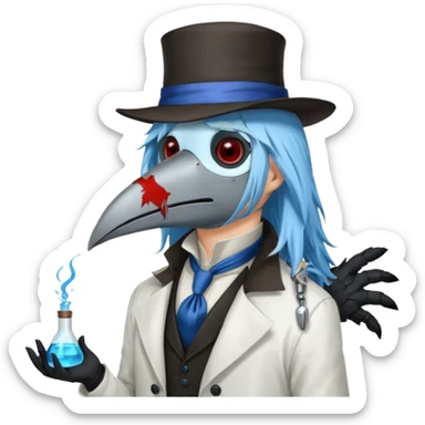 Plague Doctor with light-blue beautiful hair, handsome sexy, long hair tendril bangs down on the sides, white lab coat, blue cravat, black feathers on shoulder, raven companion, black gloves, red eyes sticker