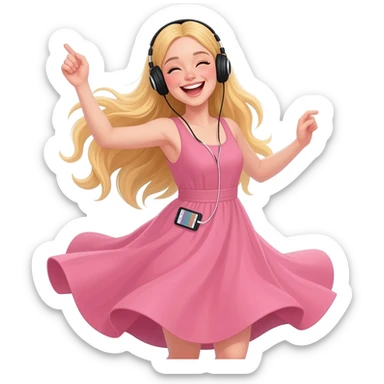 girl blonde long hair in pink dress listen to music rock and roll on black headphones with mp3 player in women's back and dancing sticker
