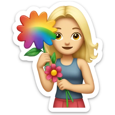 Blonde woman holding flower in front of a rainbow  sticker