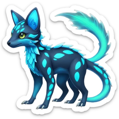 Rare realistic dark-neon glowing bioluminescent edgy badass epic pretty beautiful handsome gorgeous aesthetic colorful vibrant Vernid-Trico-species-Fakemon-creature by LiLaiRa, 4 legs, 1 tail, random markings, (full body) sticker