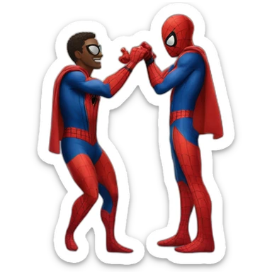 two people in Spider-Man costumes are pointing at each other sticker