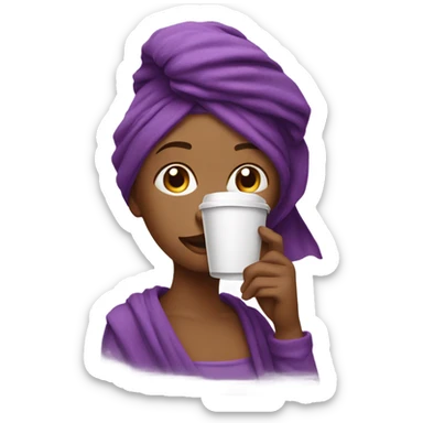 beautiful girl with a purple towel on her head drinks coffee sticker