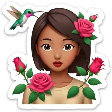 Asian girl humming bird roses sticker