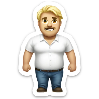 blond big man with white shirt with stains and belly sticker