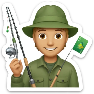 A man holding a fishing rod with a green card on the hook sticker