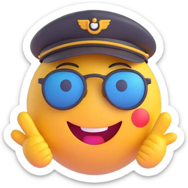 3D smiley emoji, round shape, pilot: pilot hat, sunglasses, funny face sticker