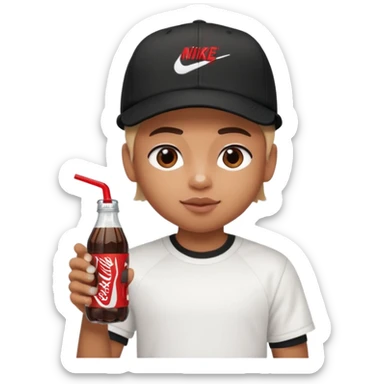 generate a pretty bratz boy with a nike black baseball cap, a white tshirt and drinking coke  sticker