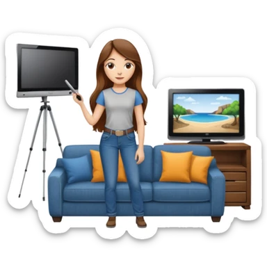 beautiful girl with long brown hair constructing new lounge room area with flat screen tv and couch sticker