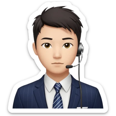 gay young Asian man with light skin, short dark hair styled upward with a sharp spiked swoop in front, slightly narrowed almond-shaped eyes with a confident, knowing squint, very squinty a clean-shaven face, and a sleek single-ear headset, wearing a dark pinstripe suit with a patterned shirt tie sticker