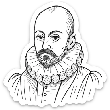 a hand drawn black outline portrait of philosopher Montaigne with similar-sized eyes based a famous portrait of him sticker