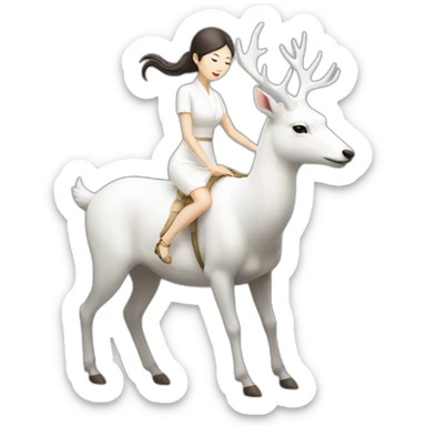 A Japanese woman in a white dress riding a white deer sticker