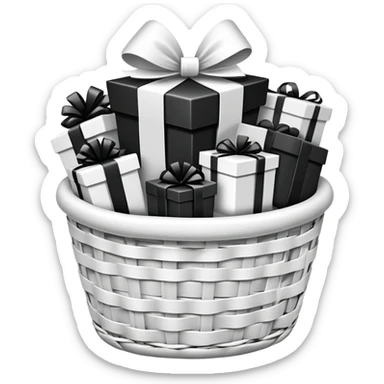 big white gift basket with lots of gifts inside the gift basket, and the gifts are black and white no other colors sticker