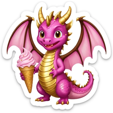 A dragon with its shiny glittered wings in pink tones and pink and gold legs, eats vanilla and chocolate ice cream sticker