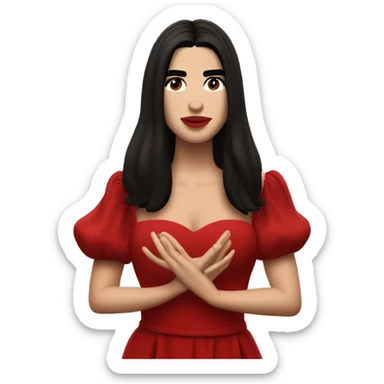 Dua Lipa with dark hair and a red dress while singing sticker