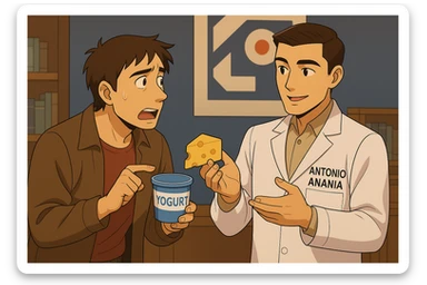 fai un webtoon manga a colori con questo stile, in cui un uomo fa una domanda al kinesiologo con il camice bianco (fagli anche la scritta "ANTONIO ANANIA" SUL CAMICE, l'uomo chiede una cosa mostrando un formaggio e uno yogurt al kinesiologo con il camice, IL KINESIOLOGO annuisce e SPIEGA ALL'UOMO UNA cos. L'UOMO ha un ESPRESSIONE CONFUSA IN VOLTO. non fare i fumetti però, fai solo in modo che sembri stiano parlando sticker