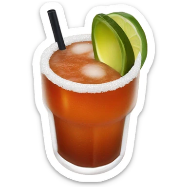 Michelada with a Tajín rim and olive garnish sticker