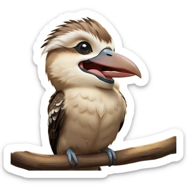Cinematic Cute Yawning Kookaburra Portrait Emoji, Head tilted slightly with a dramatic, wide-open yawn, showcasing a soft, downy brown plumage with gently drooping wings and a relaxed beak, round eyes barely open in drowsy contentment, Simplified yet irresistibly adorable features, highly detailed, glowing with a soft, cozy glow, high shine, relaxed yet expressive, stylized with a touch of bushland charm, bright and endearing, soft glowing outline, capturing the essence of a sleepy yet affectionate kookaburra, so drowsy it feels like it could flutter out of the screen and curl up for a nap! sticker