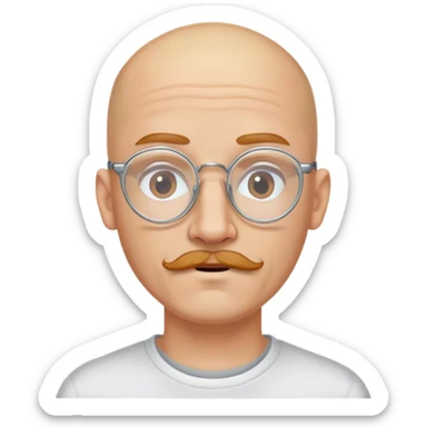 Bald man with slightly ginger blonde brown mustache and piercings in his ears and clear frame glasses sticker