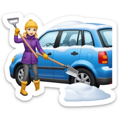 Female shovelling car out in the snow sticker