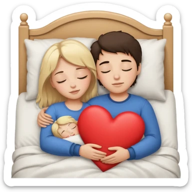 cuddling in bed, asleep. blonde girl. brunette boy. eyes closed. heart between them. sticker