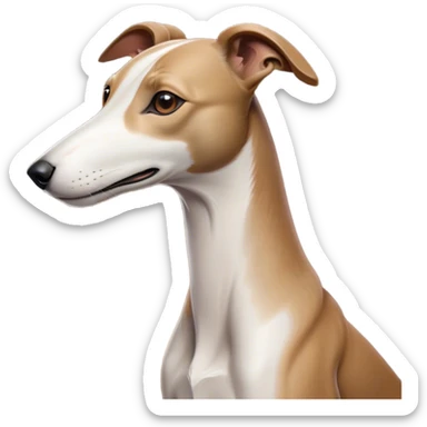 Cinematic Noble White and Brown Greyhound Portrait Emoji, Poised and regal, with a slender, aerodynamic build and a sleek Fur of pristine white accented by warm brown markings, deep-set soulful eyes, Simplified yet sharp and sophisticated features, highly detailed, glowing with a soft, dignified glow, high shine, intelligent and agile, stylized with an air of elegance, focused and attentive, soft glowing outline, capturing the essence of a watchful and swift companion, so majestic it feels as though it could dash out of the screen with effortless authority! sticker