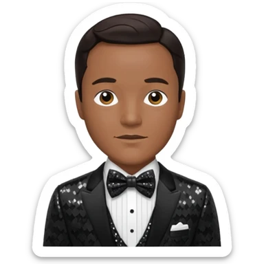 Gene Kelly with dark brown hair, black sequin suit with bow tie sticker