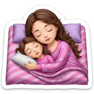 girl brunette inside a blanket sleeping  eyes closed with long  brown wavy hair and pink pjs sticker