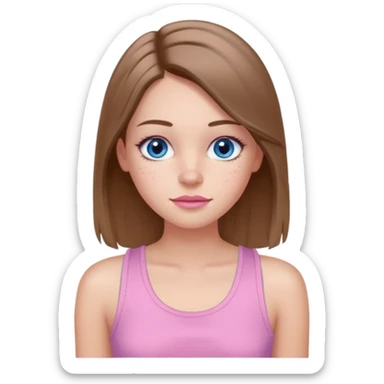 Create a TEENAGE girl with LONG and straight light brunette hair with a MIDDLE PART, light skin, light freckles, and blue-gray eyes. She will have pink lips and LONG eyelashes. She will be wearing a light pink tank top sticker
