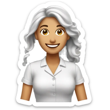mujer trabajadora sonriente con piel morena clara ojos cafe y cabello ondulado cafe sticker