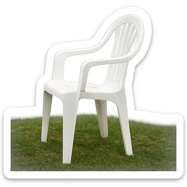 classic white molded plastic lawn chair, arched top, five vertical back slats, side view, outdoor setting sticker