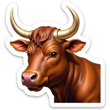 Cinematic Cute Domestic Bull Portrait Emoji, Head tilted playfully and inquisitively, with a sturdy, compact build and a smooth, polished coat of rich copper and brown hues accentuated by gently curved horns, round, sparkling eyes full of curious determination, Simplified yet irresistibly adorable features, highly detailed, glowing with a warm, friendly glow, high shine, affectionate and spirited, stylized with a touch of rustic charm, soft glowing outline, capturing the essence of a mischievous yet loving domestic bull that feels like it could trot out of the screen and into your arms! sticker