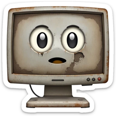 Old monitor heavily covered in dust, dirt and rust sticker