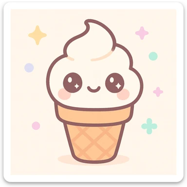 vanilla ice cream cone Marvi style, kawaii style, textured cone, creamy ice cream, anime eyes, light background sticker