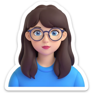 teenage girl with long dark brown hair, bangs, blue eyes, round glasses with thin black frames sticker