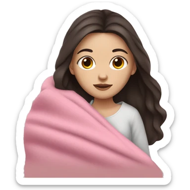 white girl with dark hair cuddling in pink blanket sticker