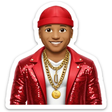 LL Cool J with red sequin jacket, shirtless with necklace sticker
