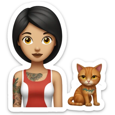 brunette with tattoos and a red cat sticker