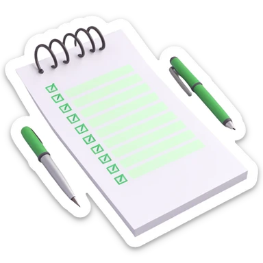 3D style to-do list, every item has a green check mark, pen placed next to the list, bright lighting, minimal background sticker