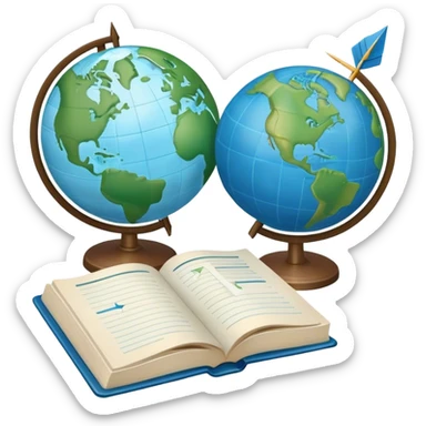 Create an emoji representing language translation. The design should feature a globe in the background, symbolizing international communication. In front of the globe, place two books or sheets of paper with texs on them and a pen nearby to indicate the act of writing. Add two arrows pointing in opposite directions between the sheets to represent the translation process. Use a clean and professional color palette with blues, greens, and neutral tones. Make the background transparent. sticker