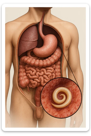a 3D cutaway view of the human digestive tract, showing an Anisakis larva attached to the intestinal wall. in a man sticker