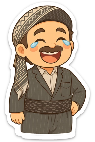Cartoon sticker of a Kurdish man with the same clothes and scarf as the reference image, no changes to clothes or scarf, face with a big smile and tears of joy, colorful and cheerful, no text, suitable for WhatsApp and Instagram, transparent background. sticker